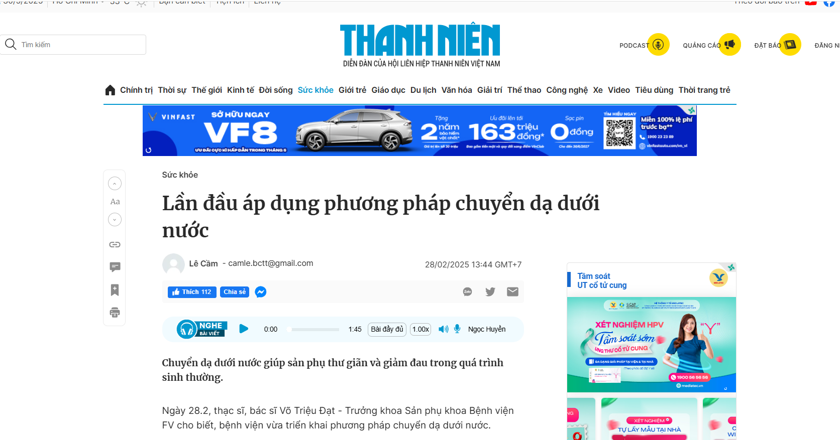 Báo Thanh Niên: Lần đầu áp dụng phương pháp chuyển dạ dưới nước