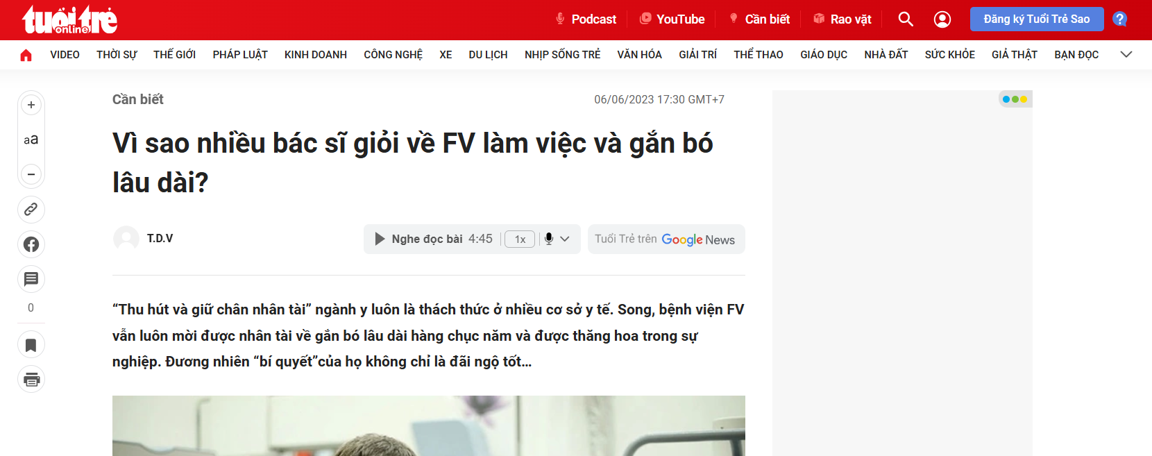 Báo Tuổi Trẻ: Vì sao nhiều bác sĩ giỏi về FV làm việc và gắn bó lâu dài?