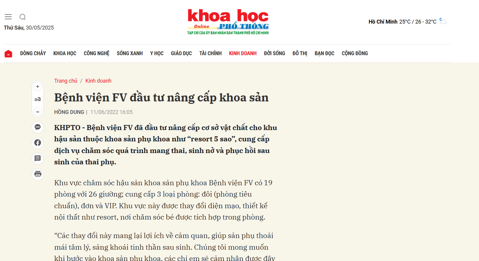 Khoa học Phổ Thông – Tạp chí của UBND Tp. Hồ Chí Minh: Bệnh viện FV đầu tư nâng cấp khoa sản